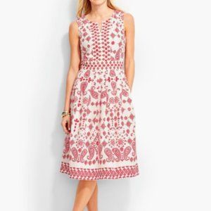 Talbots Dress 20W Bandana Paisley Sleeveless Fit Flare White Red Embroidered NWO